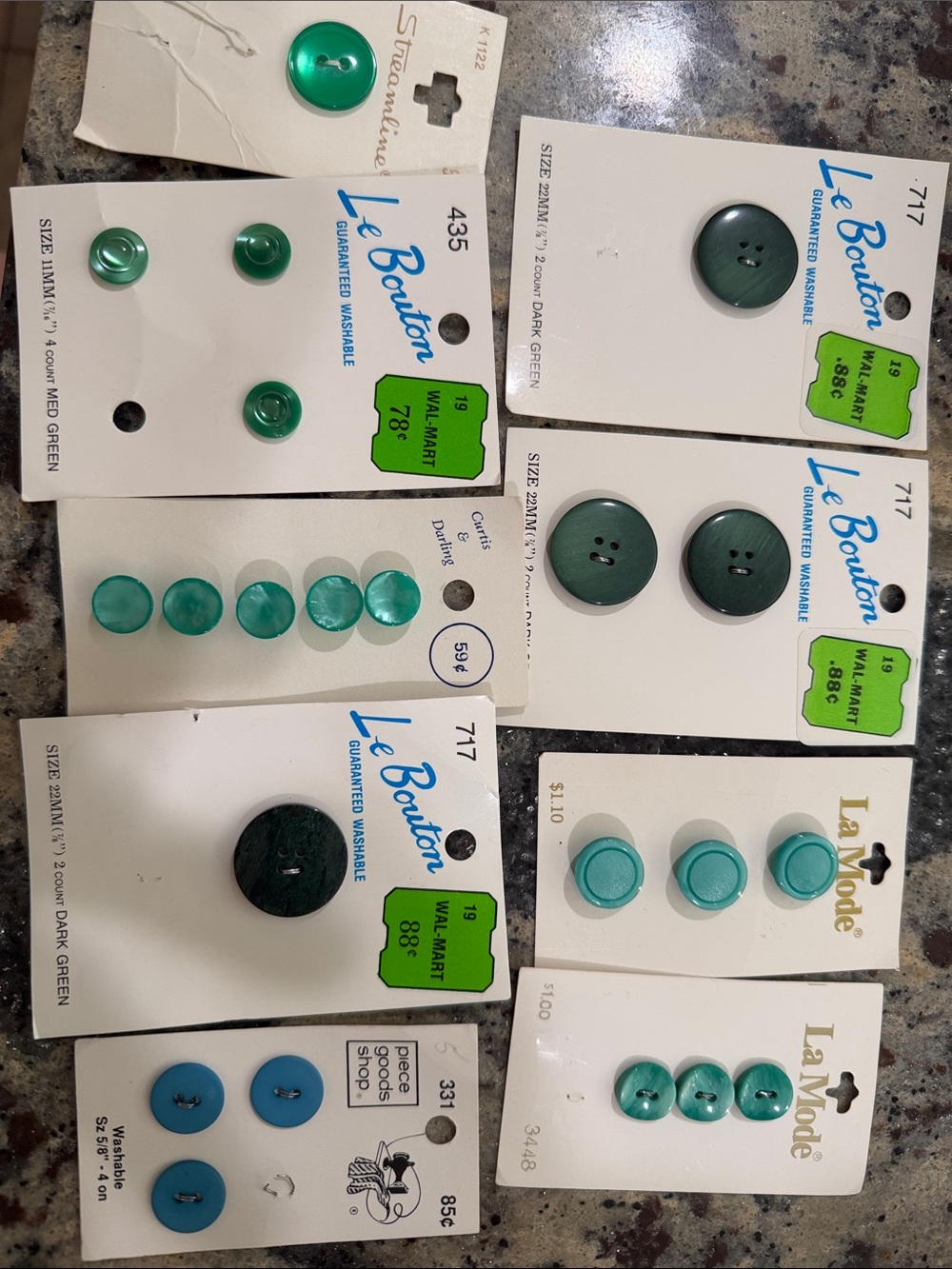 Vintage Assorted Green & Teal Buttons.  9 cards 22 buttons total